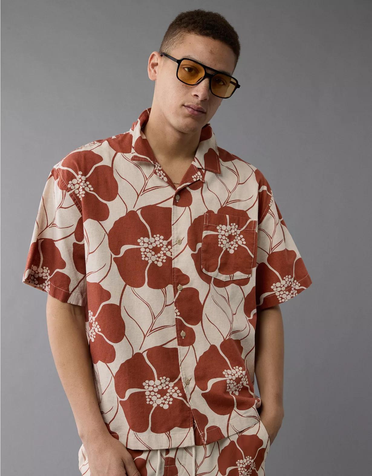 AE Poolside Linen-Blend Floral Button-Up Shirt Product Image