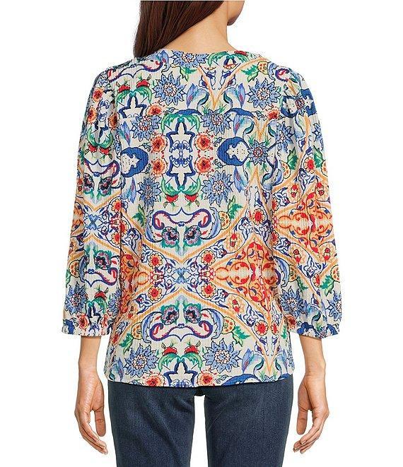 Calessa Petite Size Textured Crinkle Knit Florentine Mosaic Print Banded Split V-Neck 3/4 Balloon Sleeve Tunic Product Image