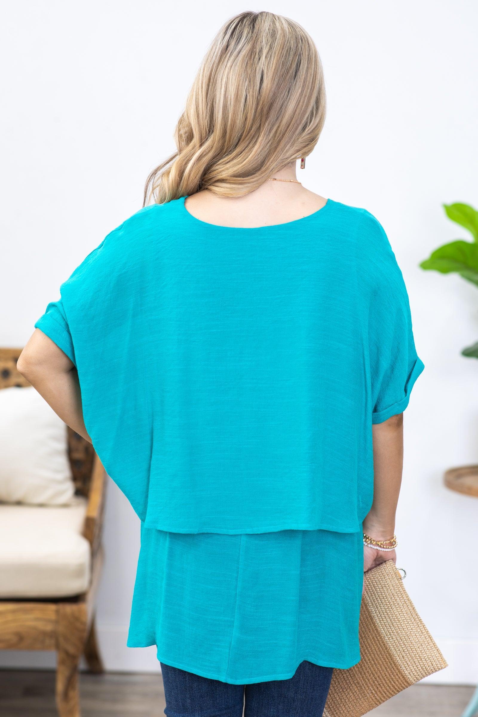 Turquoise Cuffed 1/2 Sleeve Layered Tunic Top Product Image