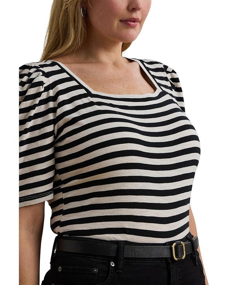 Plus Size Striped Stretch Cotton Crewneck Tee Product Image