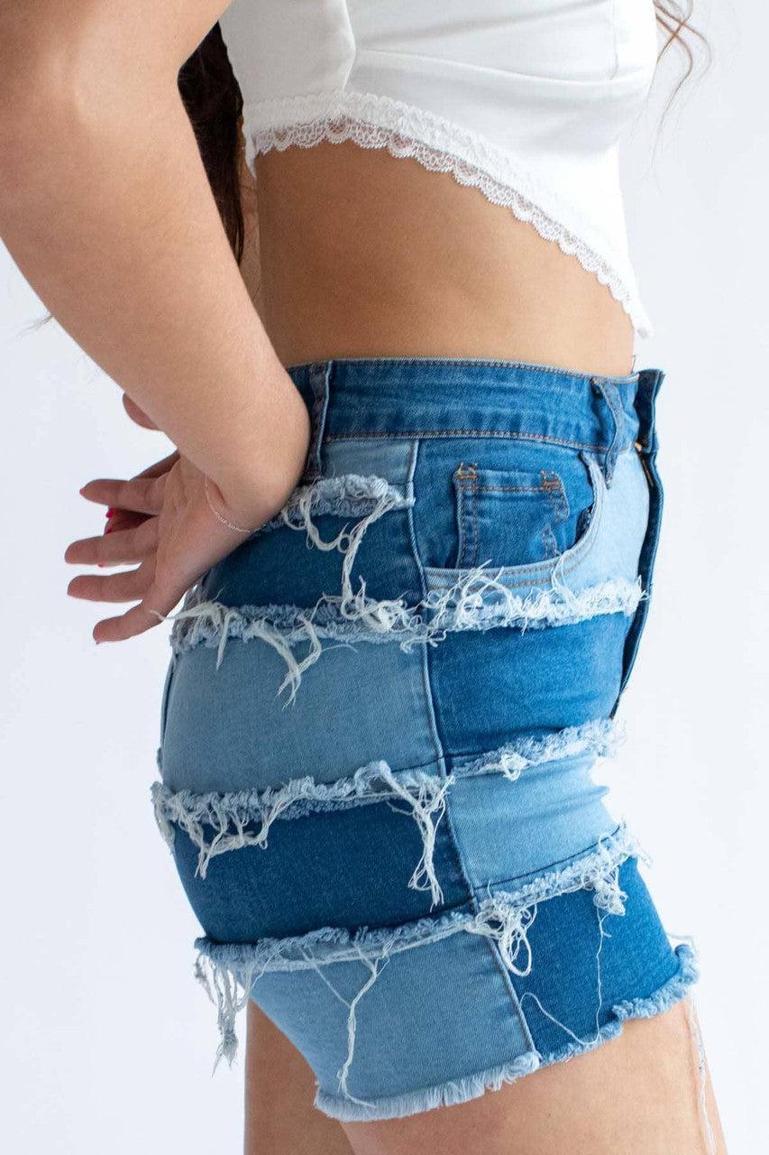 Patchwork Denim Shorts 1 Product Image