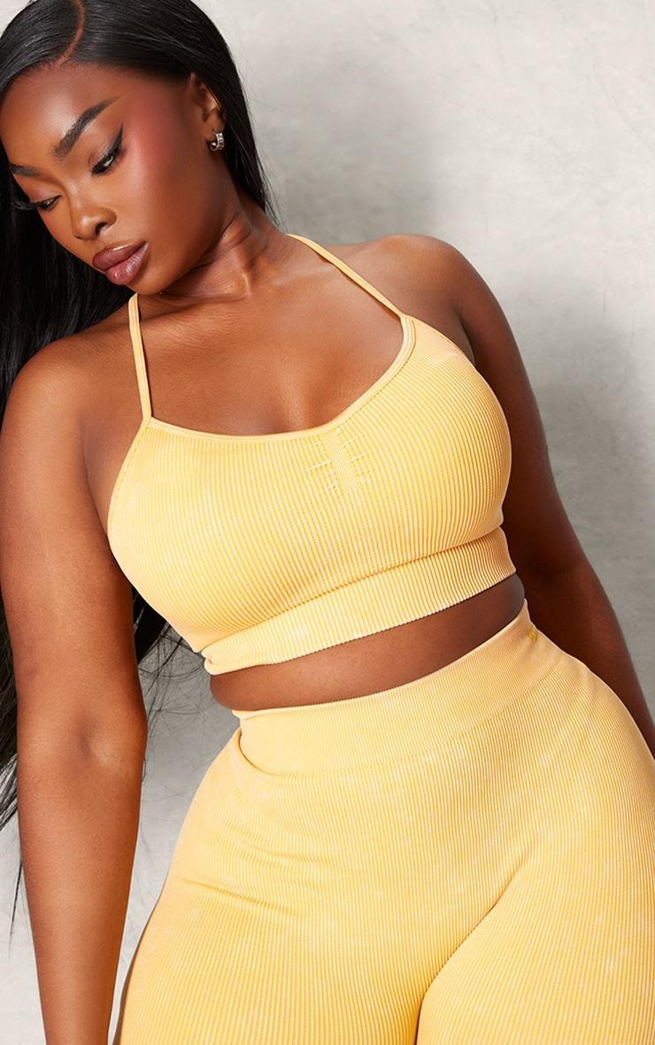 PLT SPORT Plus Mustard Acid Wash Seamless Rib Longline Cage Back Sports Bra Product Image