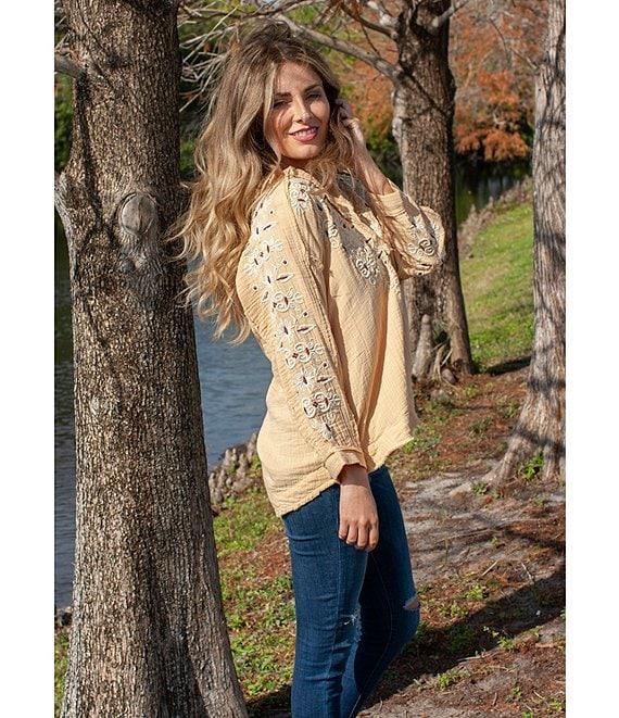 75813   Joan Vintage Inspired Floral Embroidered Long Sleeve Split V-Neck Raw High-Low Hem Boho Chic Tunic by Caite & Kyla Product Image