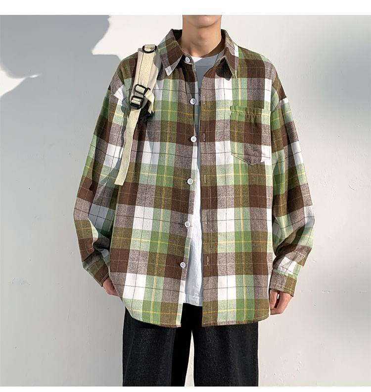 Long Sleeve Collared Plaid Shirt Product Image