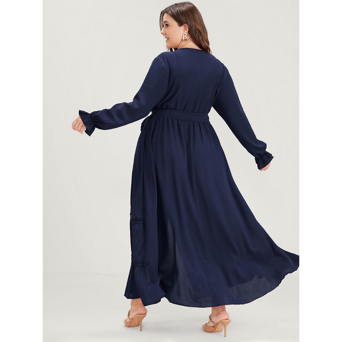 Plus Size Solid Lantern Sleeve Crochet Lace Button Ties Belted Maxi Dress DarkBlue Women Elegant Plain V-neck Long Sleeve Curvy Long Dress BloomChic 28/5X Product Image