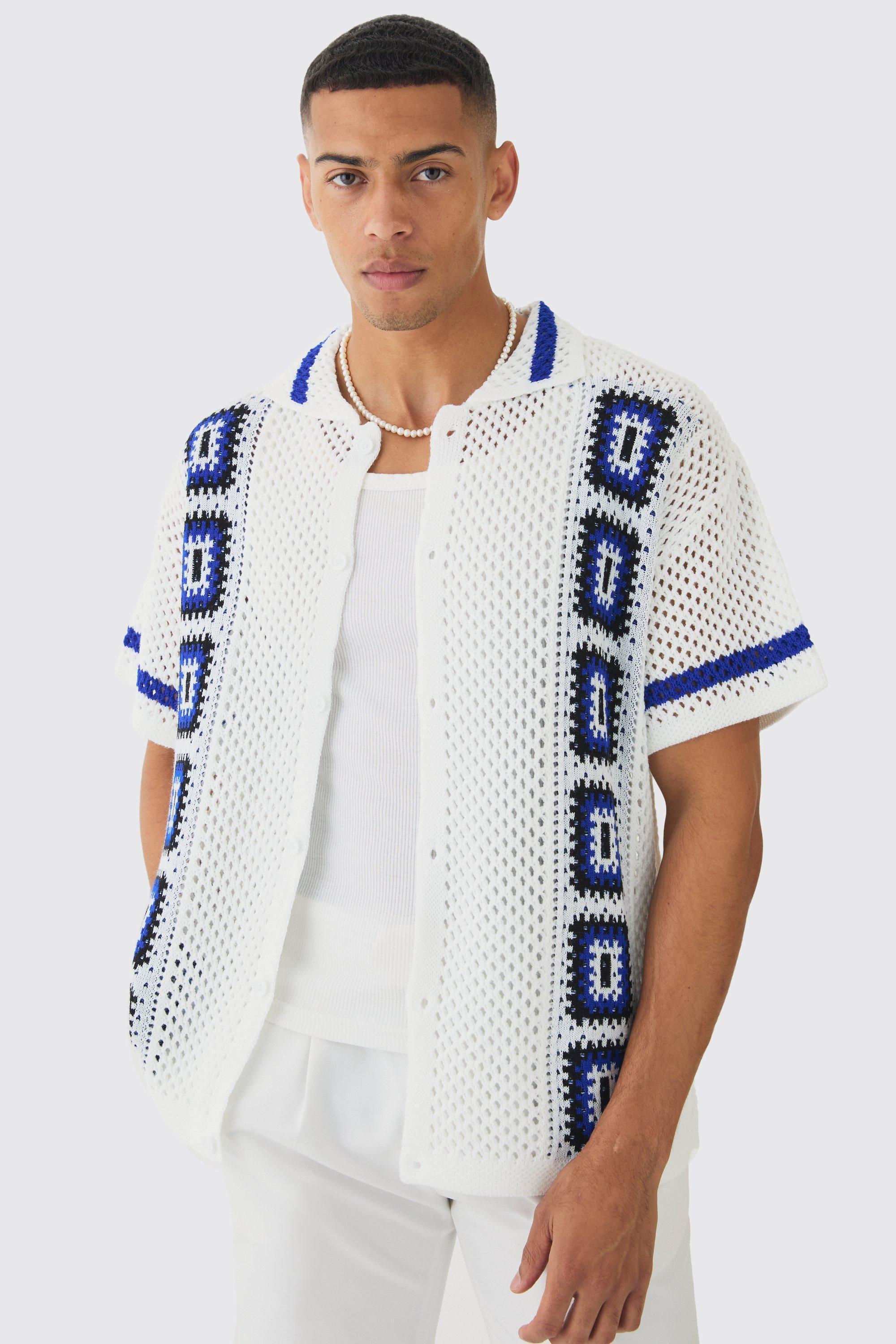 Oversized Boxy Crochet Placement Knit Shirt | boohooMAN USA Product Image