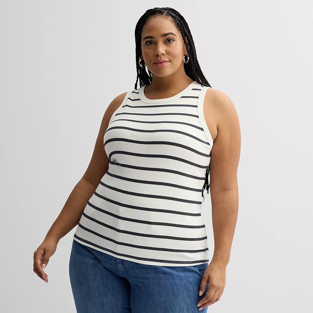 Plus Size Sonoma Goods For Life® High Neck Ribbed Layering Tank Top, Women's, Size: 2XL, Ivory Black Stripe Product Image