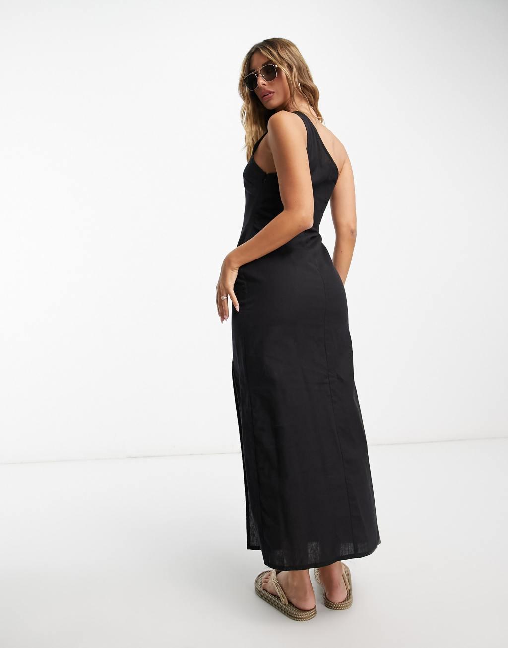 ASOS DESIGN linen one shoulder midi sundress with thigh split Product Image