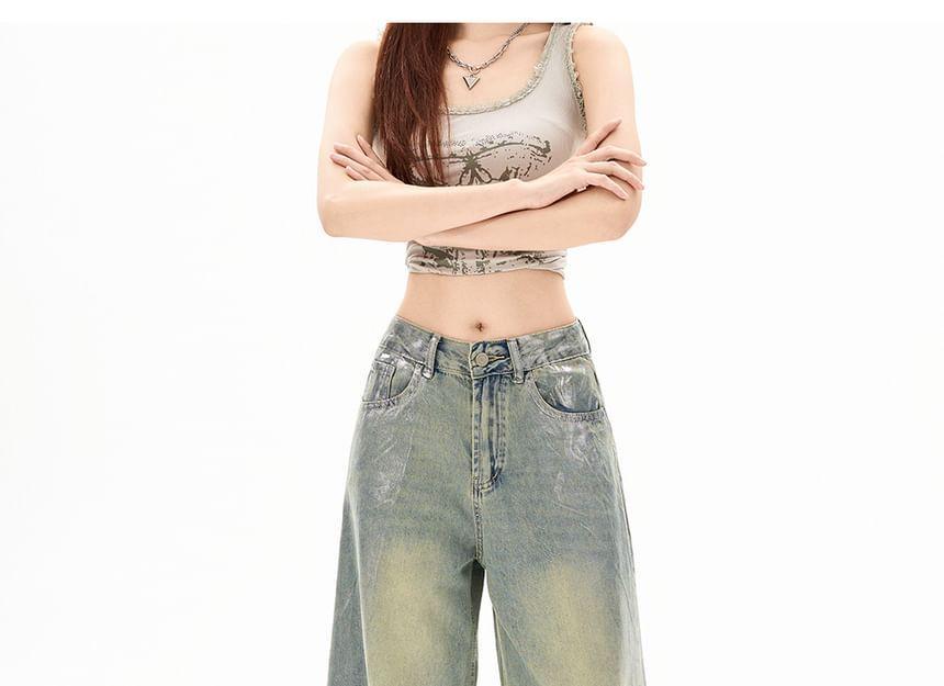 High Rise Washed Silver Pressed Loose-Fit Wide-Leg Jeans Product Image