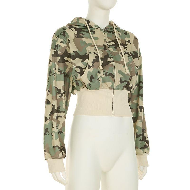 Set: Camouflage Zip-Up Hoodie + Drawstring Sweatpants Product Image