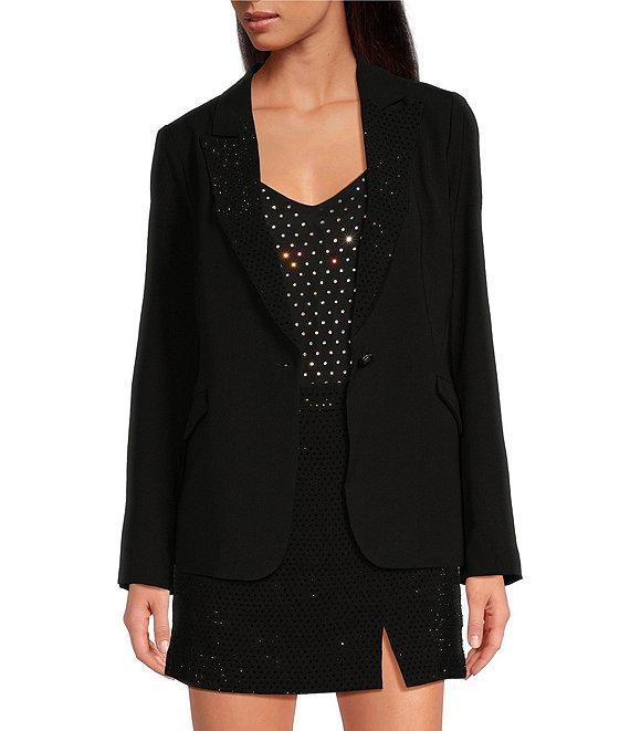 Skies Are Blue Woven Rhinestone Notch Collar Neck Long Sleeve Button Front Blazer Product Image