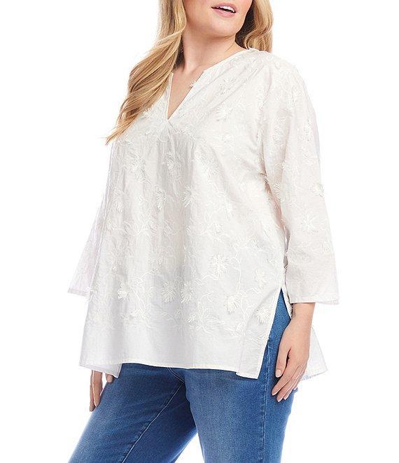 Karen Kane Plus Size Embroidered Split V-Neck 3/4 Sleeve Tunic Product Image