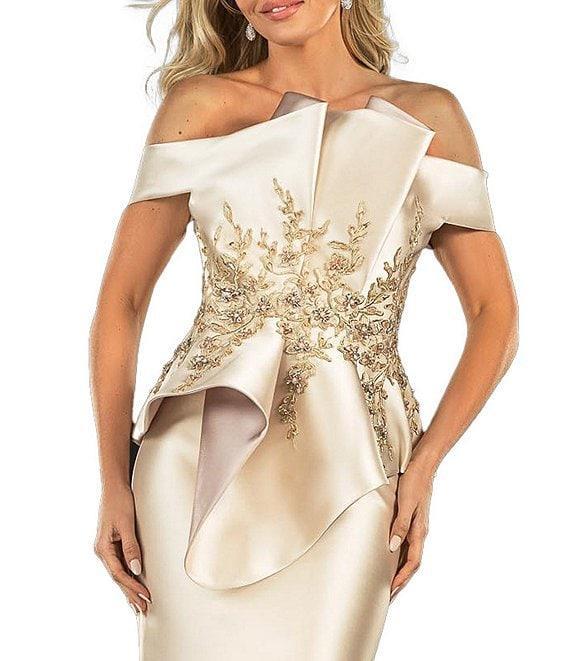 Terani Couture Off-the-Shoulder Pleated Floral Beaded Bodice Mermaid Gown Product Image