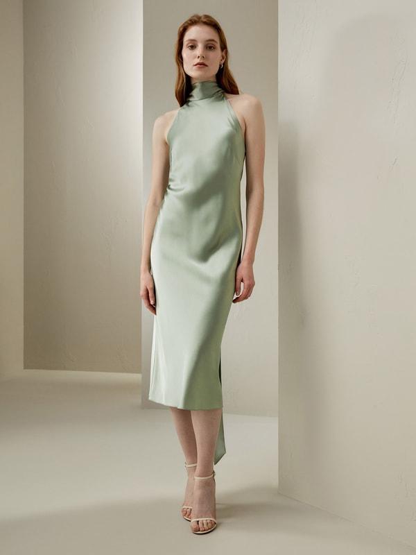 Halter Neck Open Back Silk Dress Product Image