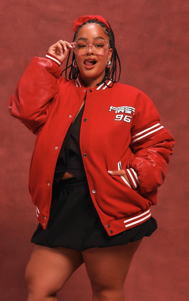 Plus Red Quilted Faux Leather Sleeve Oversized Varsity Bomber Jacket Product Image