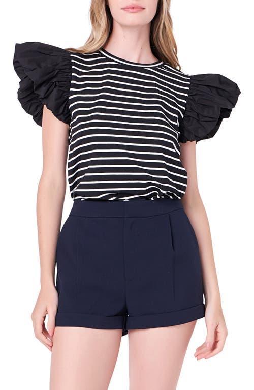 English Factory Stripe Knit with Poplin Puff Sleeve Top (Navy/Red) Women's Clothing Product Image