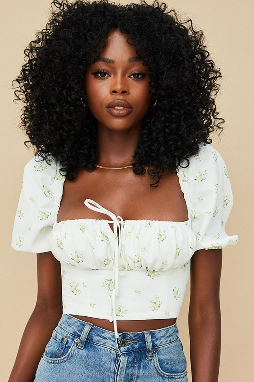 Arianna Ivory Floral Puff Sleeve Cropped Top Product Image