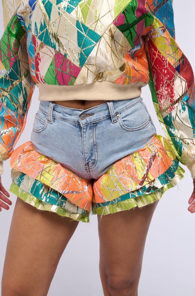 LIFE IS BUT A DREAM BROCADE RUFFLE DENIM SHORTS Product Image