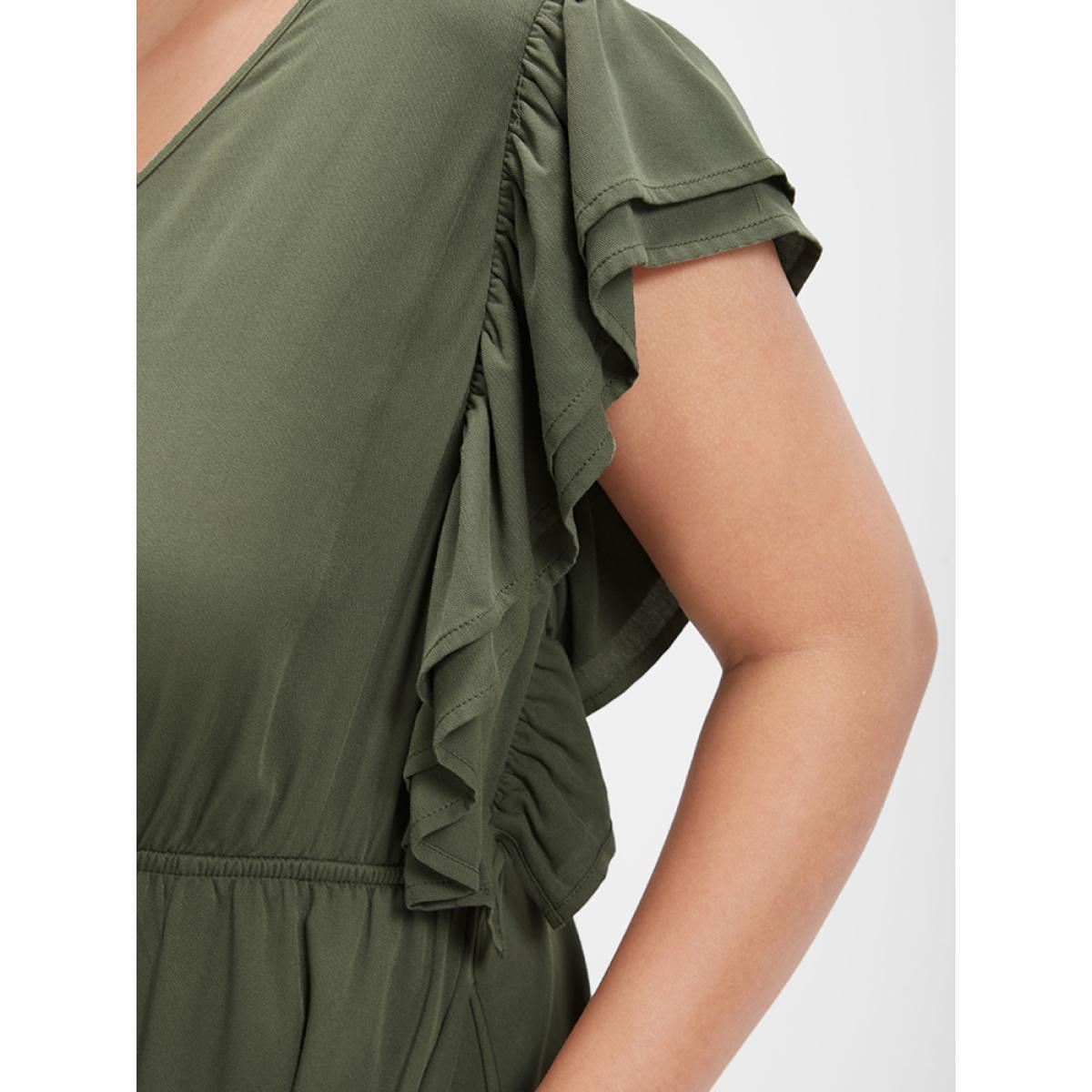 Plus Size Solid Ruffles Button Ties Pocket Midi Dress ArmyGreen Women Elegant Plain V-neck Cap Sleeve Curvy Knee Dress BloomChic 18-20/2X Product Image