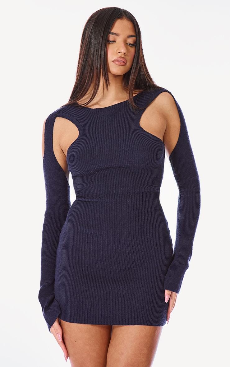 PLT Label Navy Knitted Cut Out Detail Mini Dress Product Image