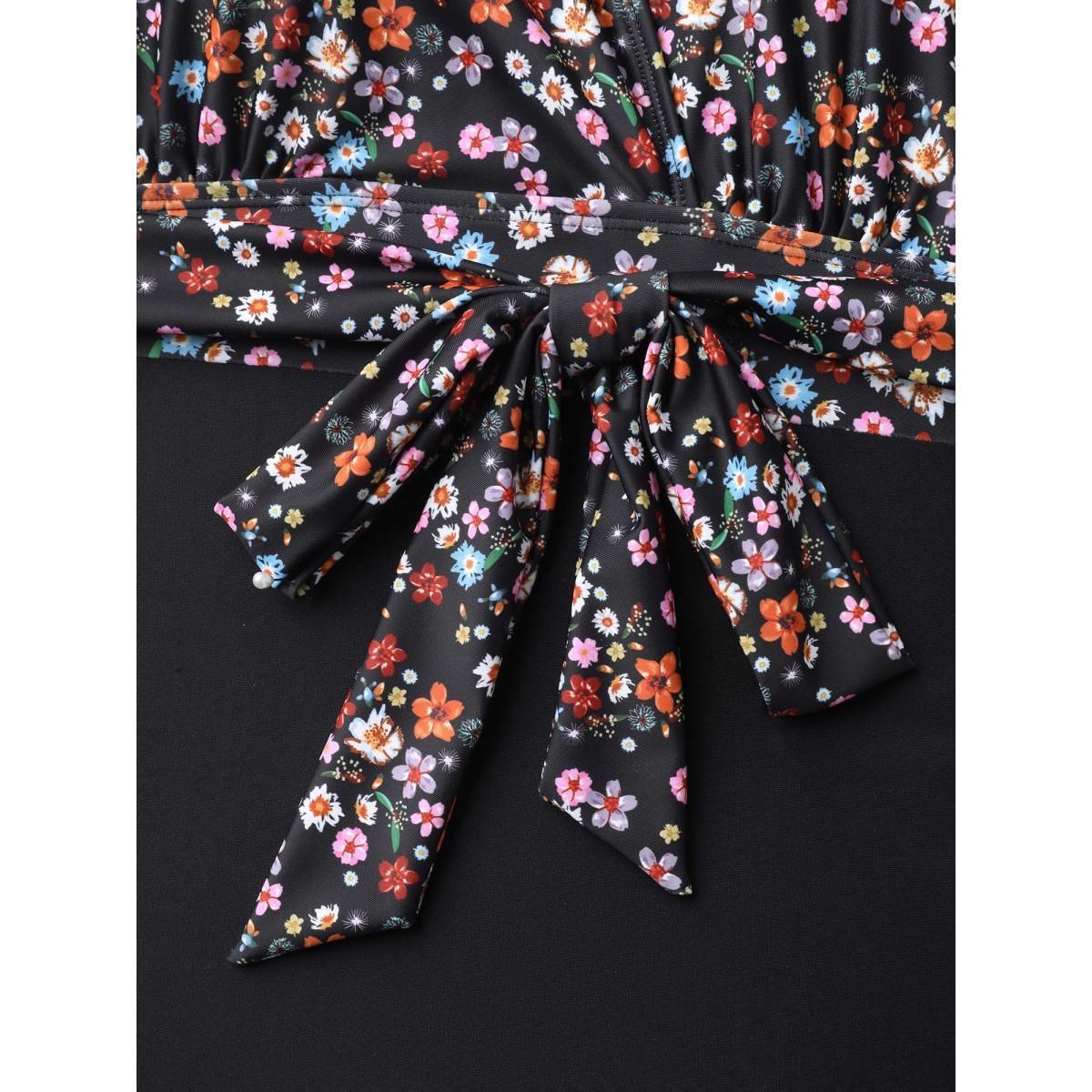 Plus Size Floral Tied Waist Defining One-Piece Swimsuit Women's Swimwear Black Resort Tie knot Curve Bathing Suits High stretch One Pieces BloomChic 12/L Product Image