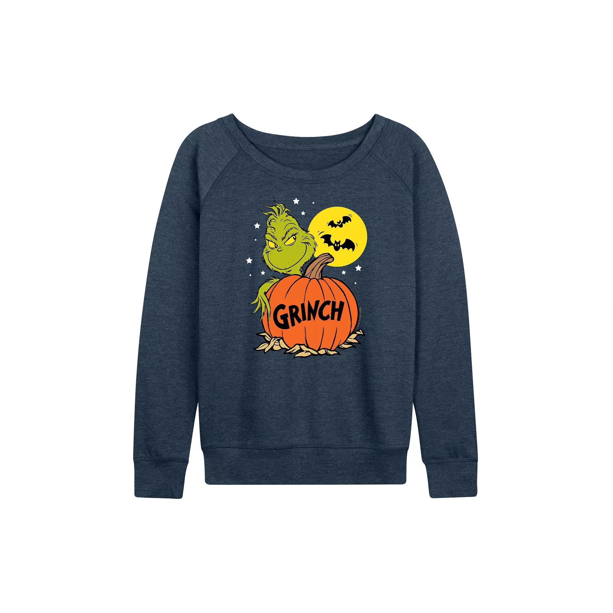 Women's Dr. Seuss Grinch Halloween Pumpkin French Terry Long Sleeve Tee,  Product Image