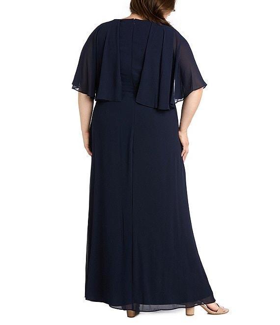 R & M Richards Plus Size Souffle Crepe Chiffon Crew Neck Short Sleeve Capelet Ruched Waist With Flower Detail Sheath Dress Product Image