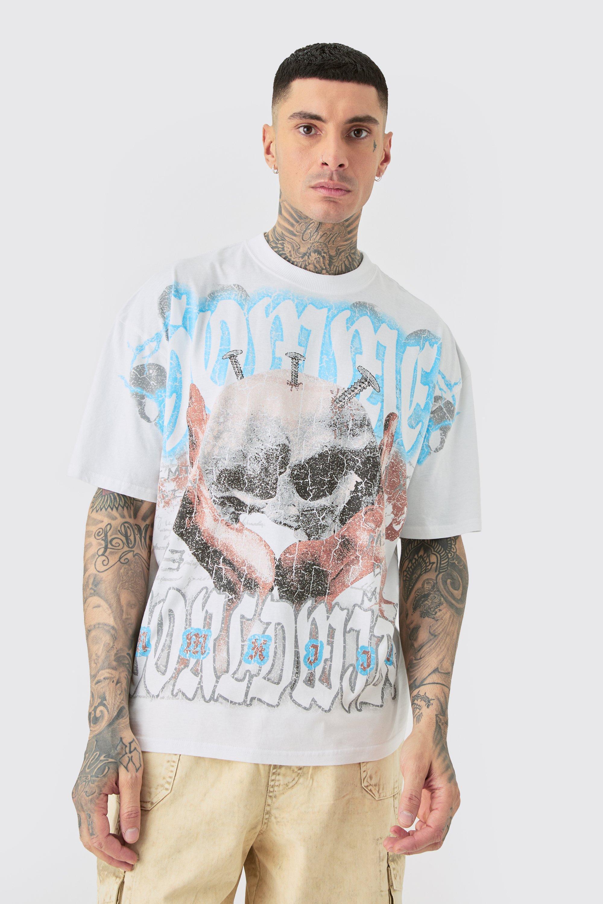 Mens Tall Homme Worldwide Over The Seam Graphic T-shirt In White, White Product Image