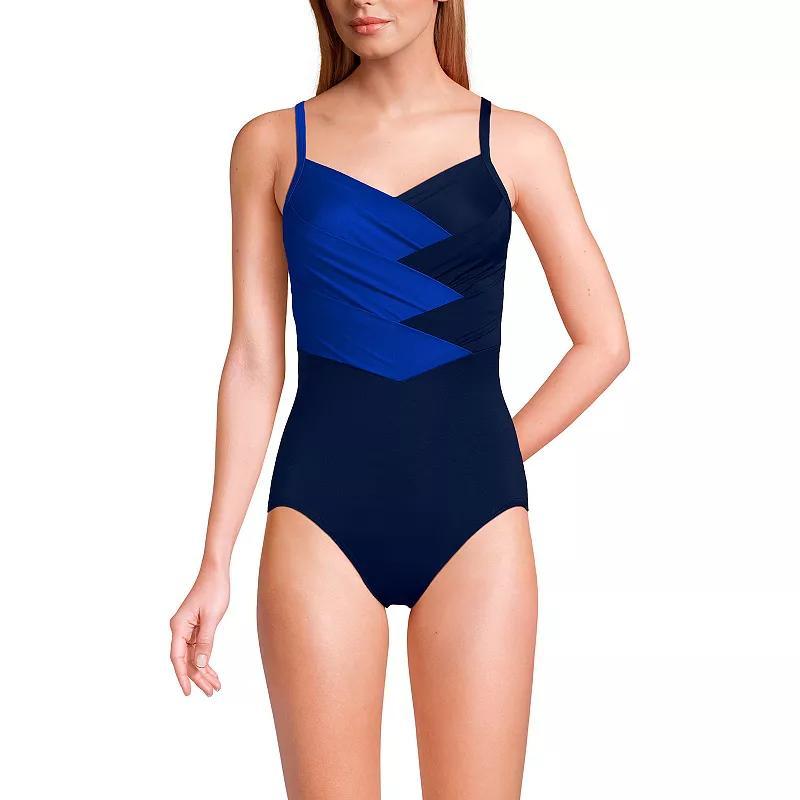 Womens Lands End Slendertex V-Neck Pleated Crossback One-Piece Swimsuit Rich Brown Product Image