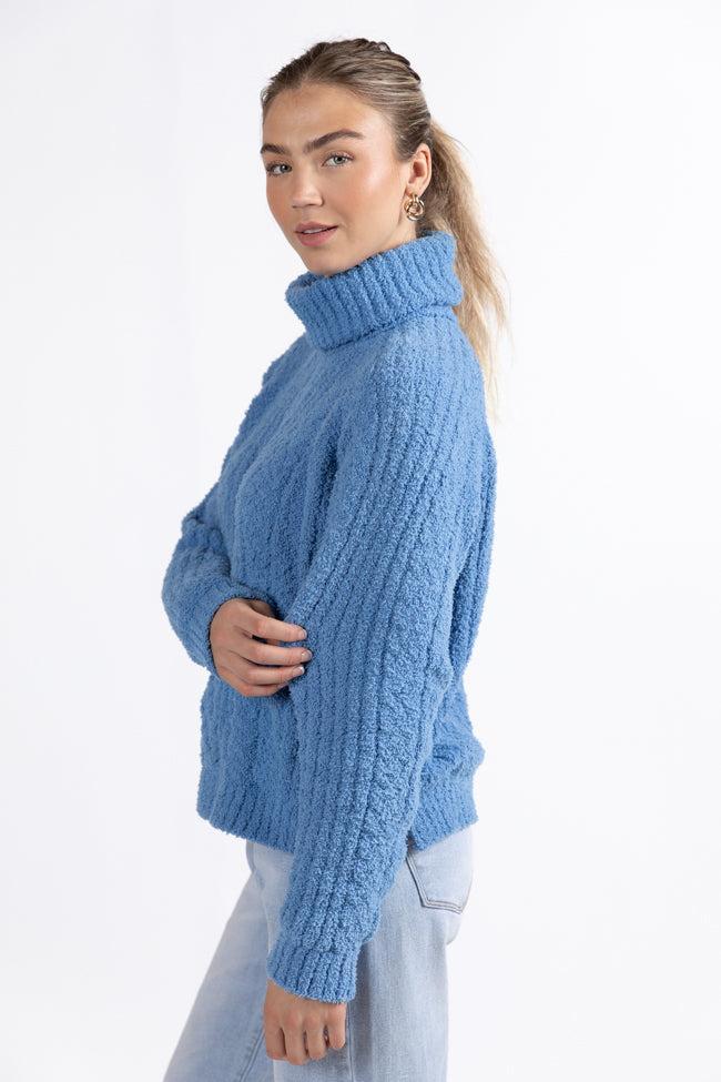 Snow Place Like Home Blue Fuzzy Cable Knit Turtleneck Sweater FINAL SALE Product Image