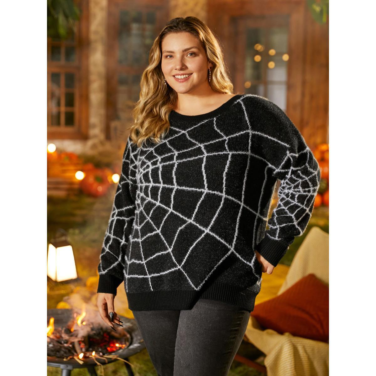 Plus Size Textured Spider Web Crew Neck Pullover Black Women Casual Long Sleeve Round Neck Everyday Pullovers BloomChic 26/4X Product Image