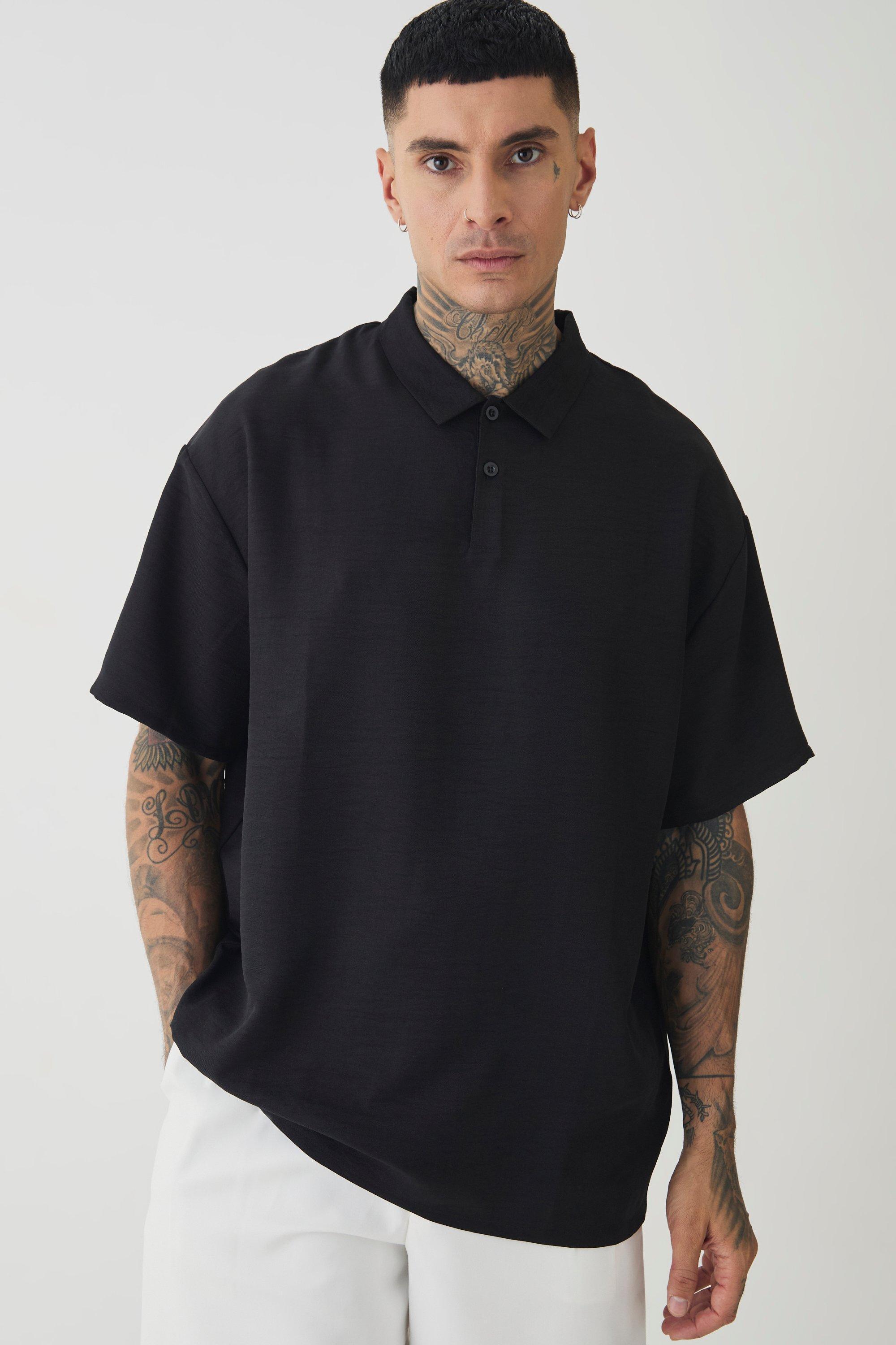 Mens Tall Linen Polo In Black, Black Product Image