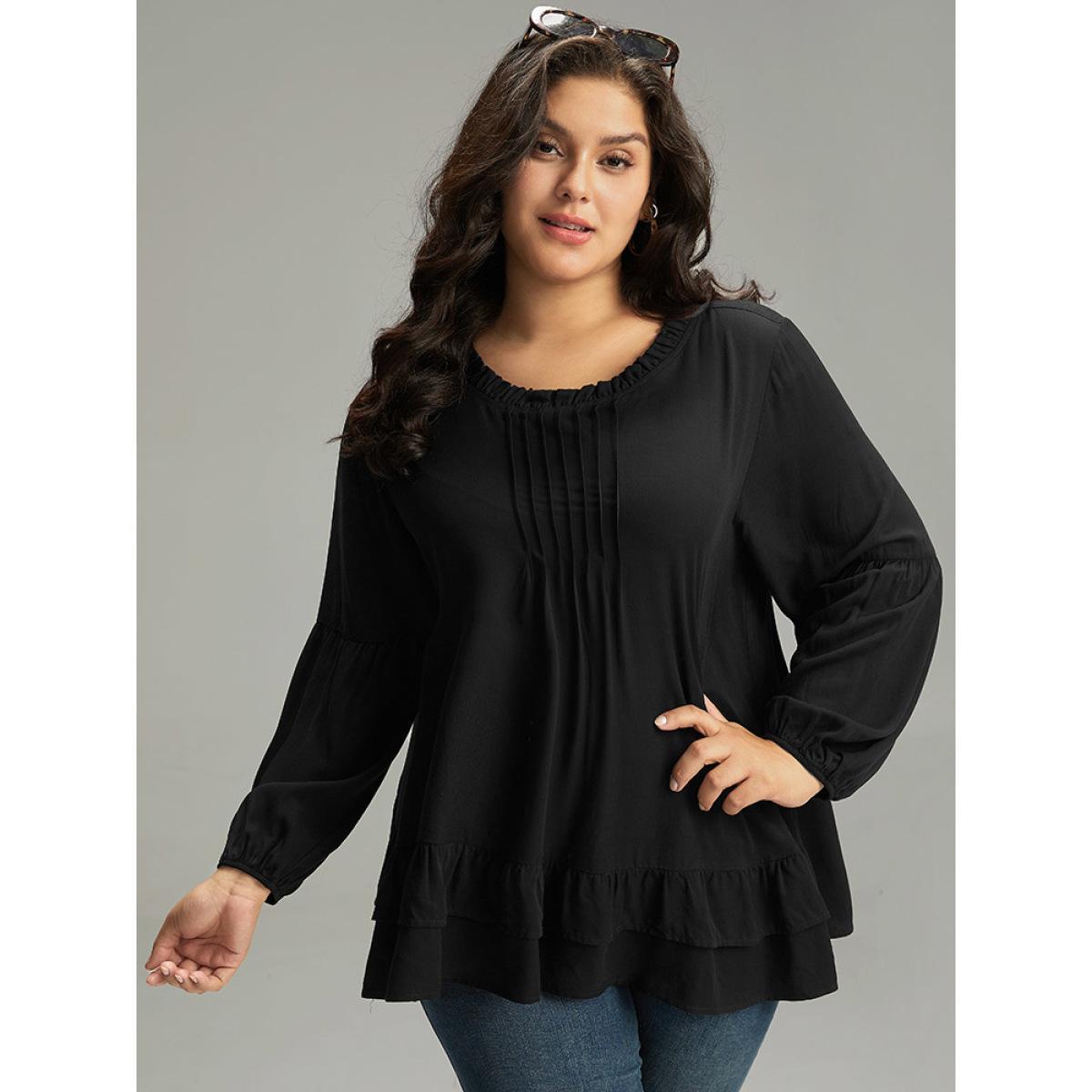 Plus Size Black Seam Detail Frill Trim Layered Blouse Women Elegant Long Sleeve Round Neck Dailywear Blouses BloomChic 10/M Product Image
