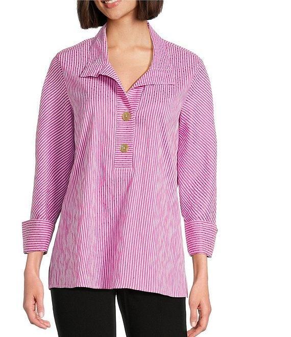 Ali Miles Crinkle Stripe Y Neckline Cuffed 3/4 Sleeve Top Product Image