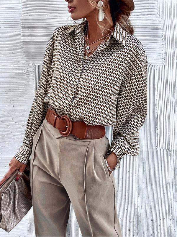 Long Sleeves Loose Buttoned Pleated Printed Lapel Blouses&Shirts Tops Product Image