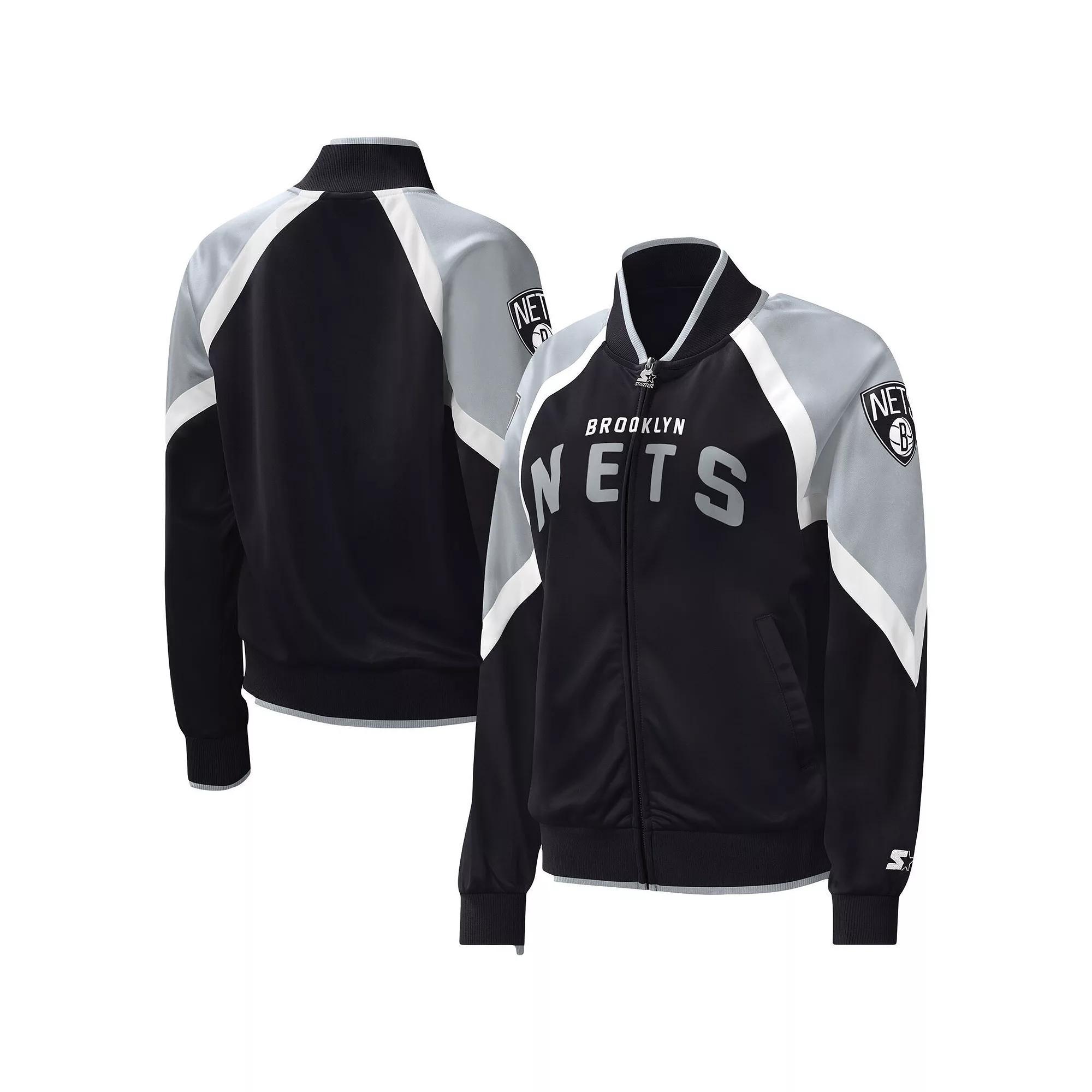 Women's Starter Black Brooklyn Nets Slam Dunk Raglan Full-Zip Track Jacket, Size: 2XL Product Image