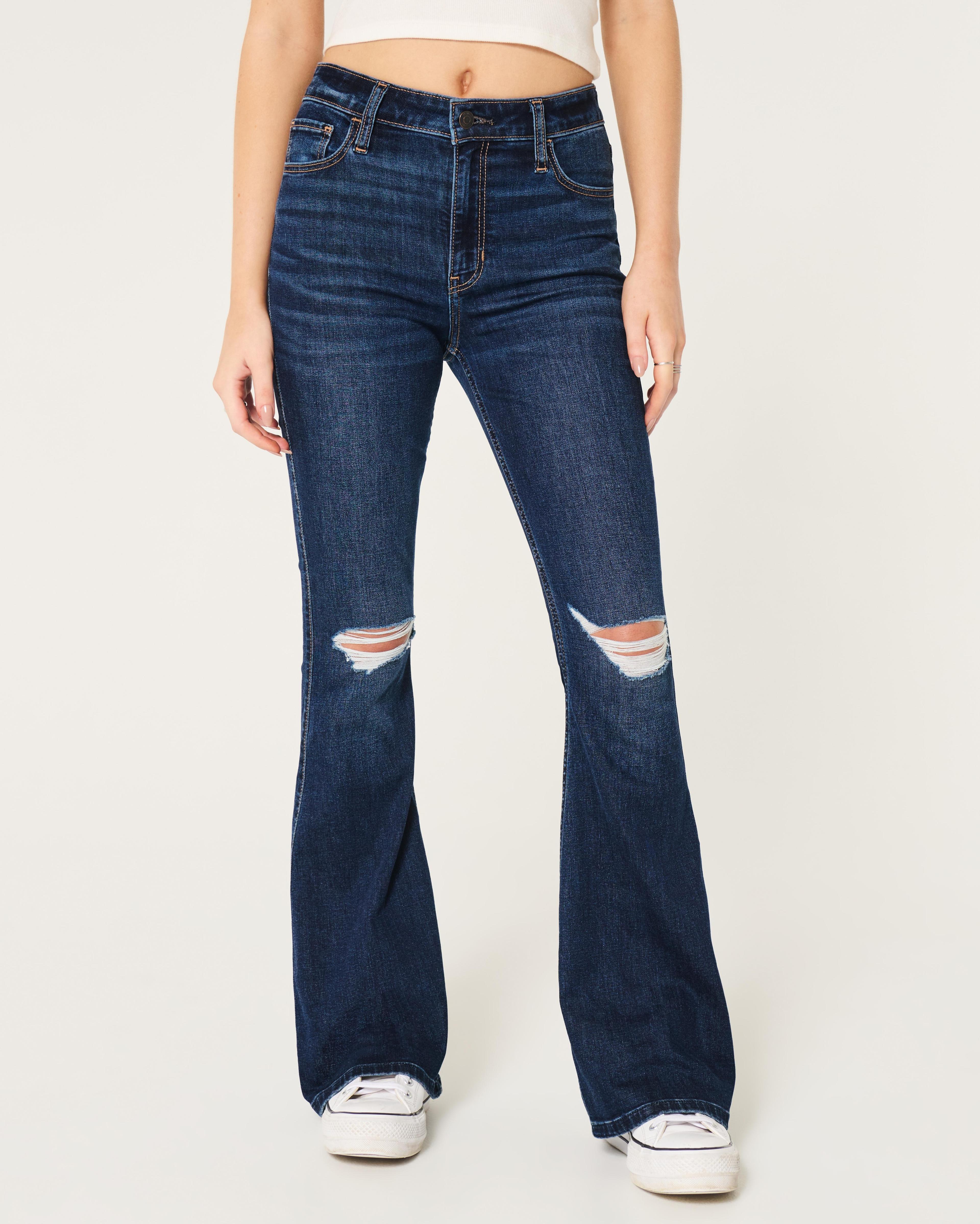 High-Rise Ripped Dark Wash Flare Jeans Product Image