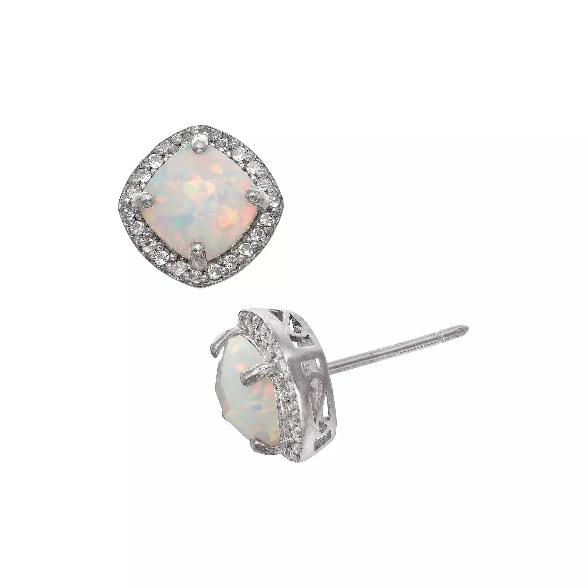 Sterling Silver Lab-Created Opal and Lab-Created White Sapphire Halo Stud Earrings, Women's Product Image