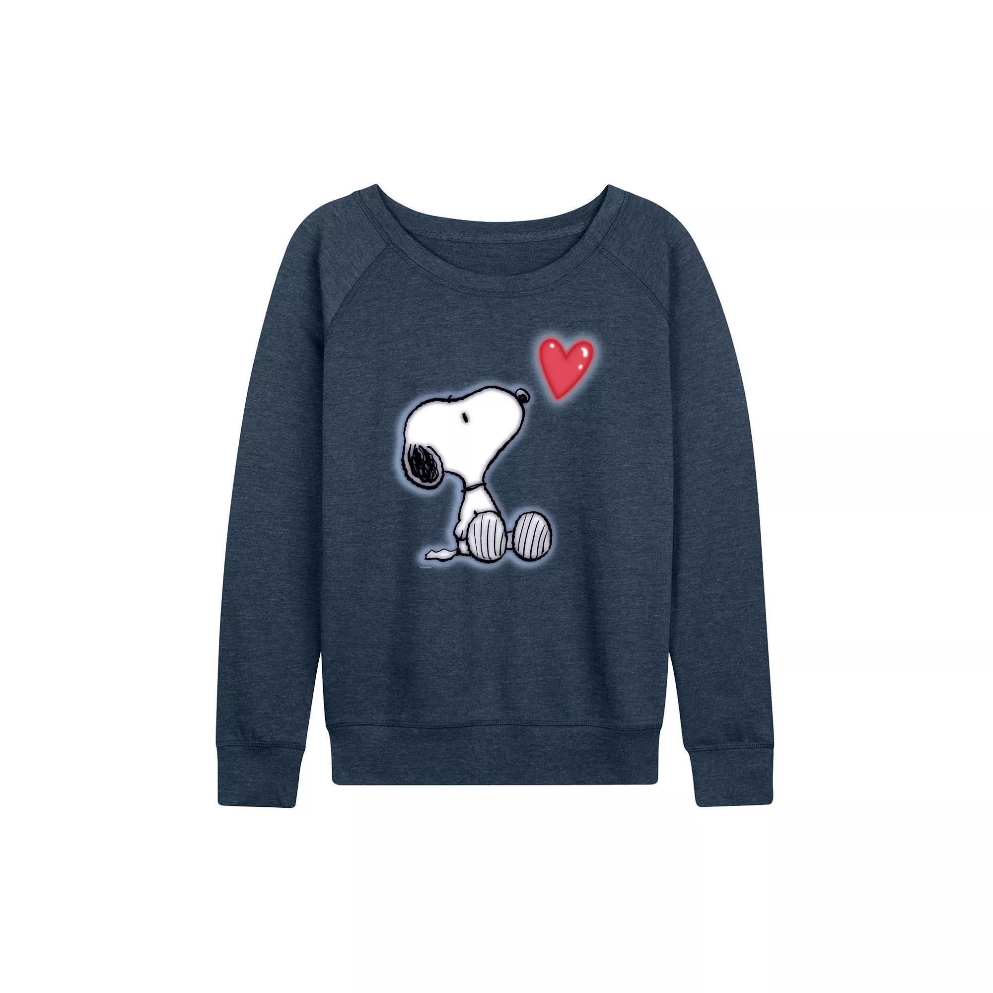 Women's Peanuts Snoopy Heart French Terry Long Sleeve Tee, Girl's, Size: XXL, Grey Indigo Blue Product Image