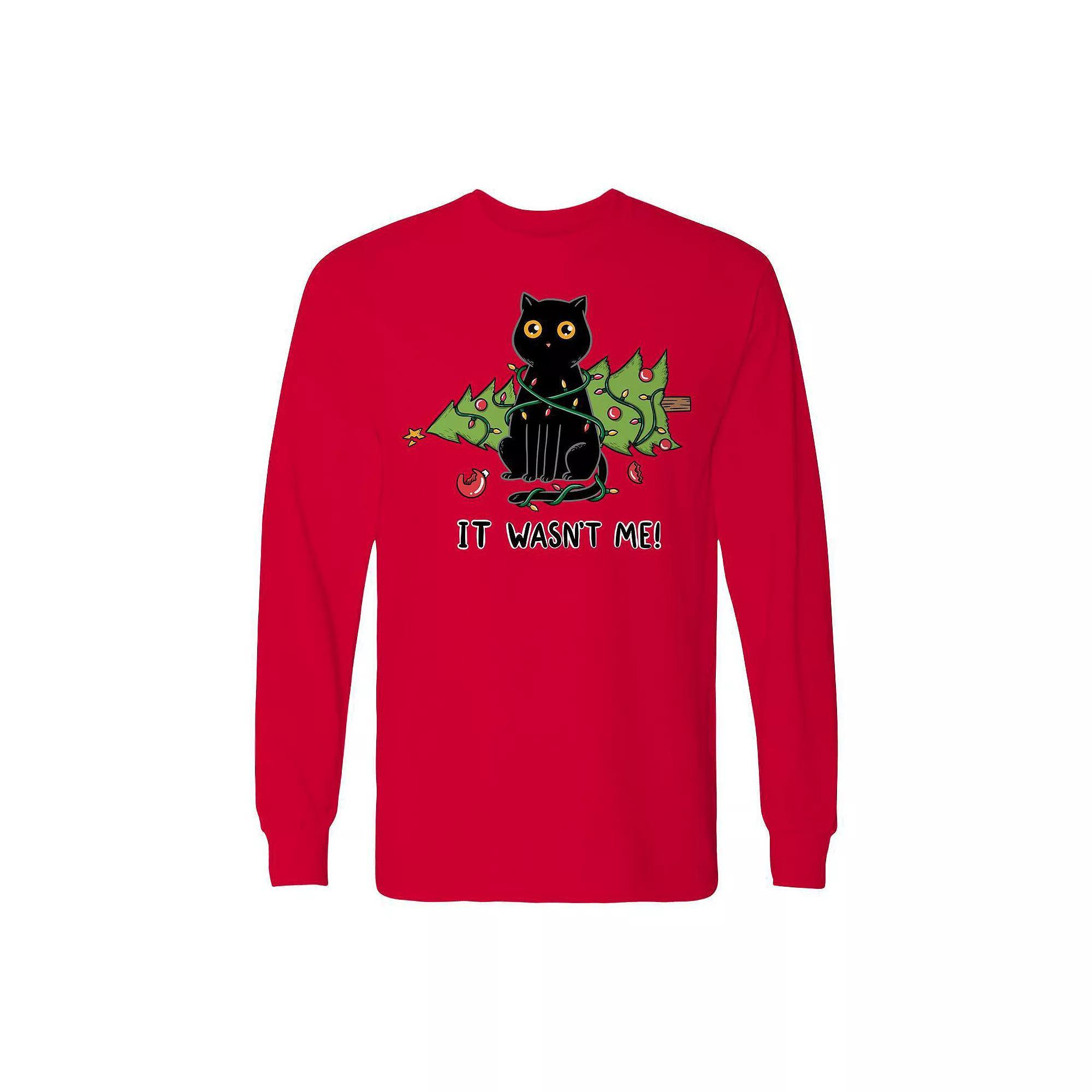 Men's Cat and Christmas Tree Long Sleeve Graphic Tee, Size: Large, Irish Green Product Image