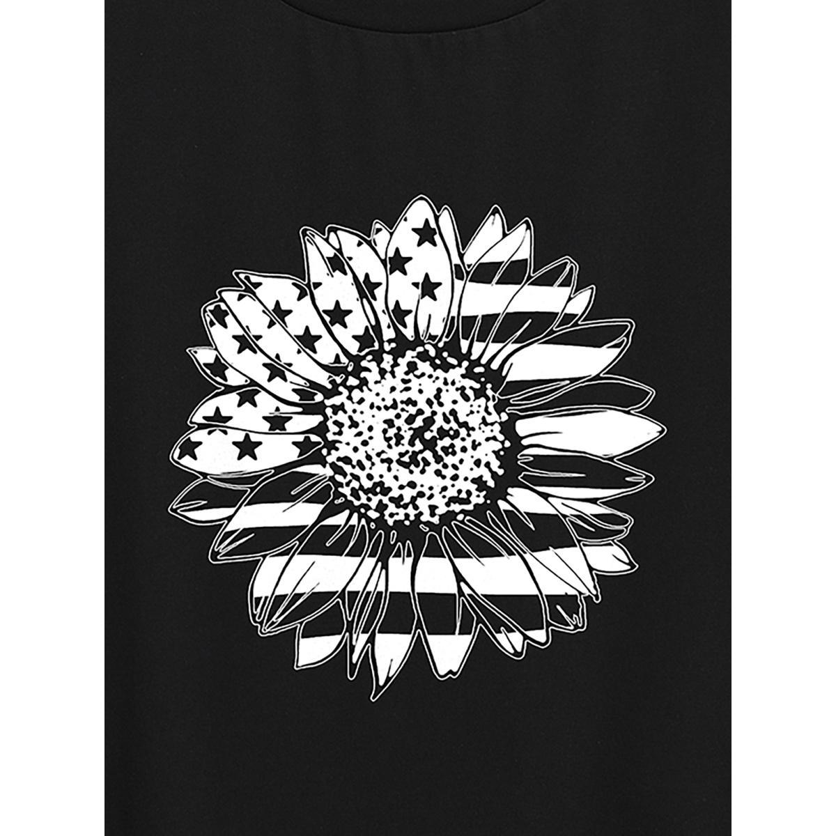 Plus Size American Flag Floral Print Round Neck T-Shirt Black Women Non Country Round Neck Everyday-Casual T-shirts BloomChic 28/5X Product Image