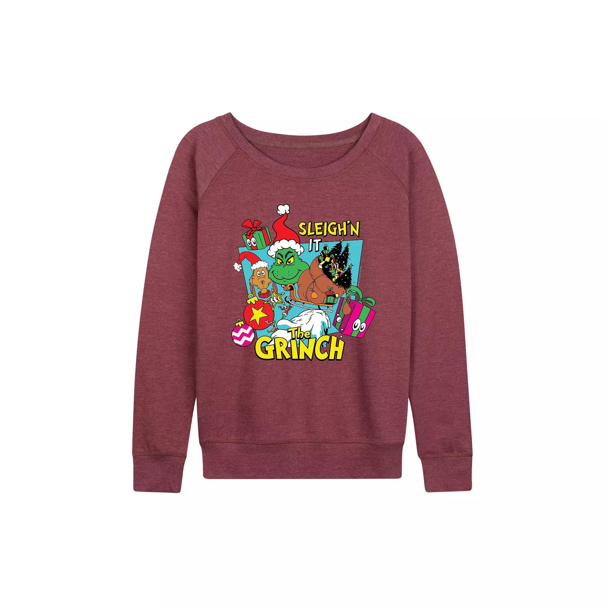 Women's Dr. Seuss The Grinch Sleigh'n It French Terry Long Sleeve Tee, Size: XXL, Grey Dark Red Product Image