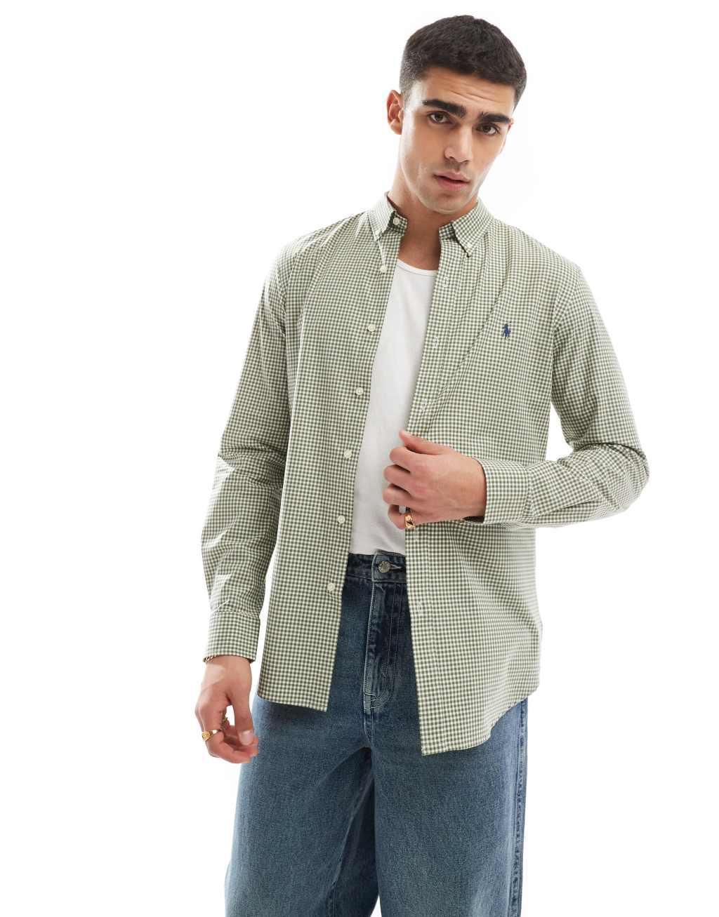 Polo Ralph Lauren icon logo slim fit gingham check stretch poplin shirt in green/white Product Image