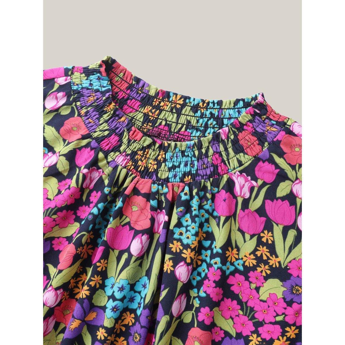 Plus Size Floral Print Shirred Pockets Midi Dress Indigo Women Romantic Frill Trim Mock Neck Cap Sleeve Curvy BloomChic 28/5X Product Image