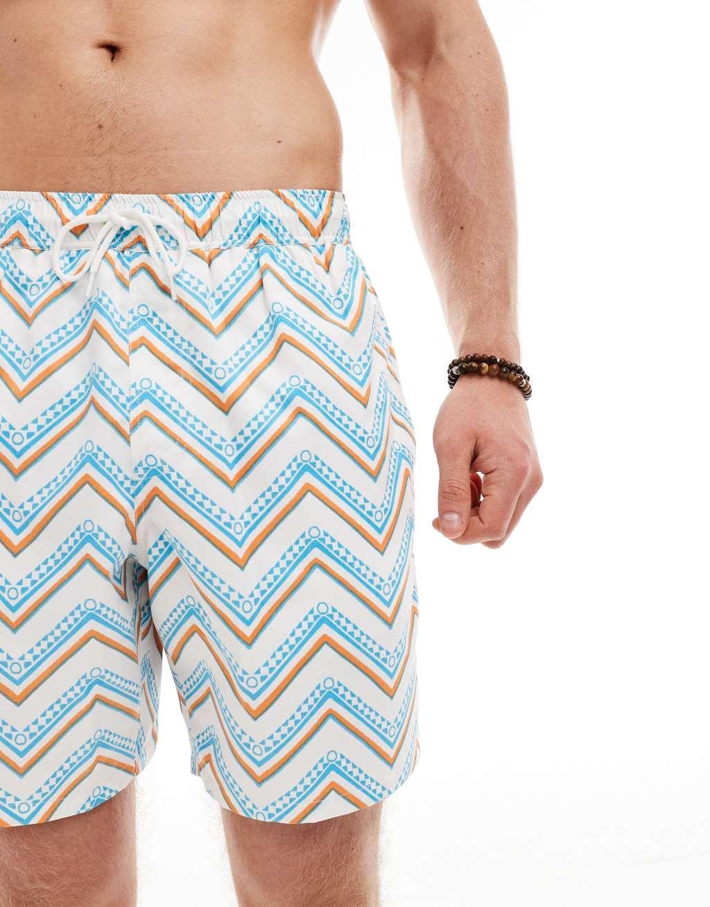 ASOS DESIGN swim shorts in mid length in zig zag pattern Product Image