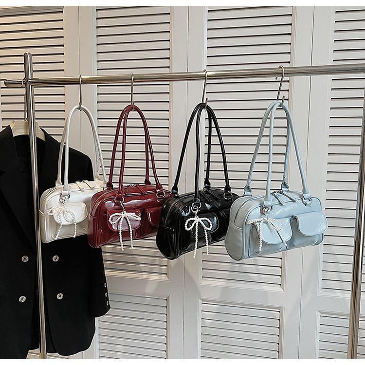 Set: Plain Faux Leather Shoulder Bag + Bag Charm Product Image