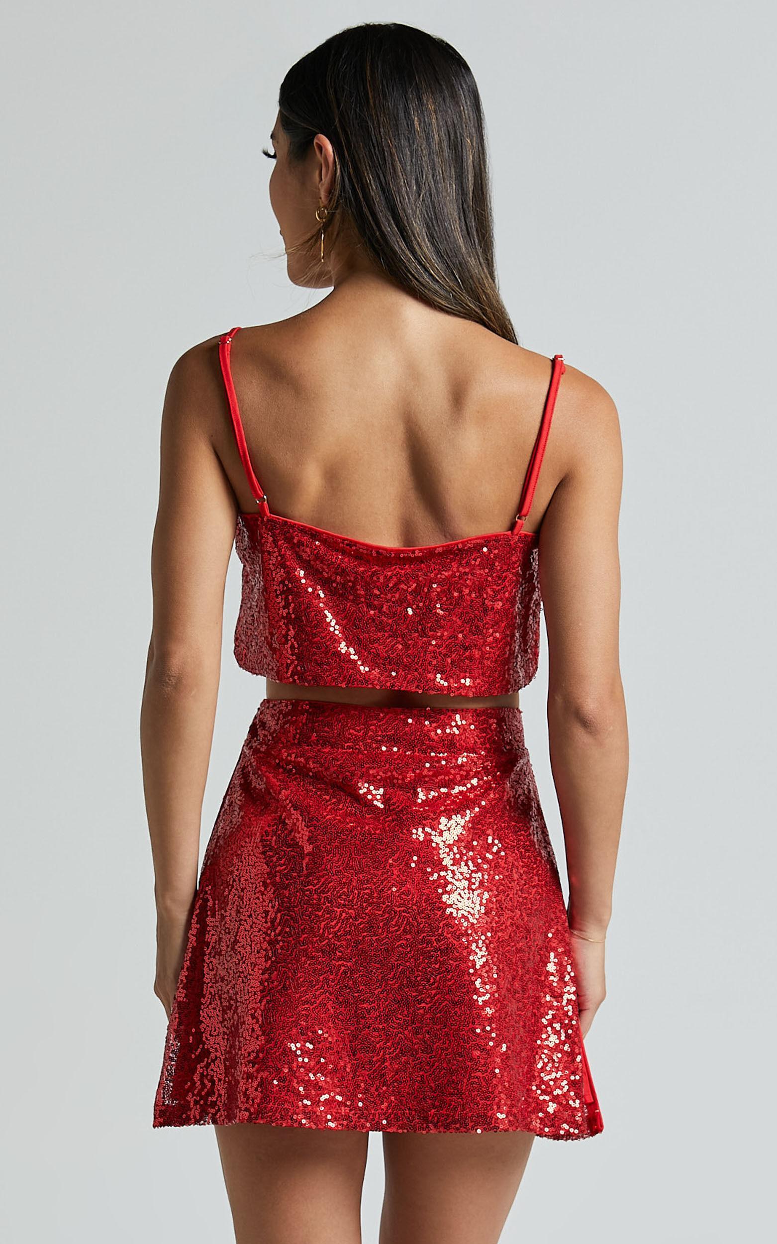Elswyth Mini Skirt - Side Split Sequin Skirt in Red Product Image