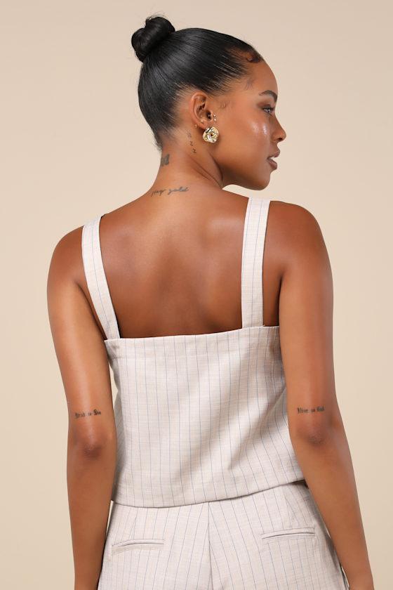 Breezy Catch Beige and Blue Pinstriped Button-Up Cami Top Product Image