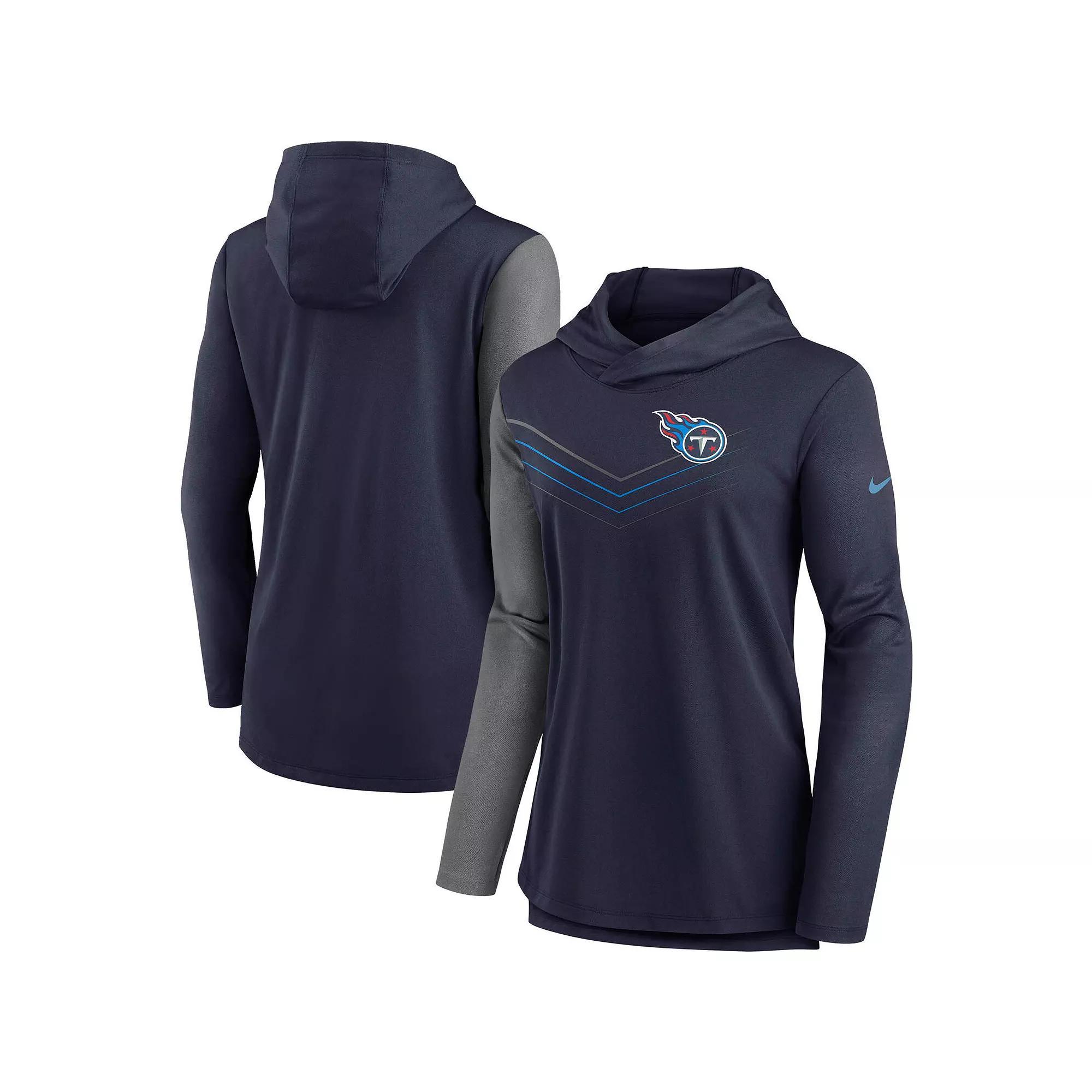 Women's Nike Navy/Heathered Charcoal Tennessee Titans Chevron Hoodie Performance Long Sleeve T-Shirt, Size: Medium, Blue Product Image