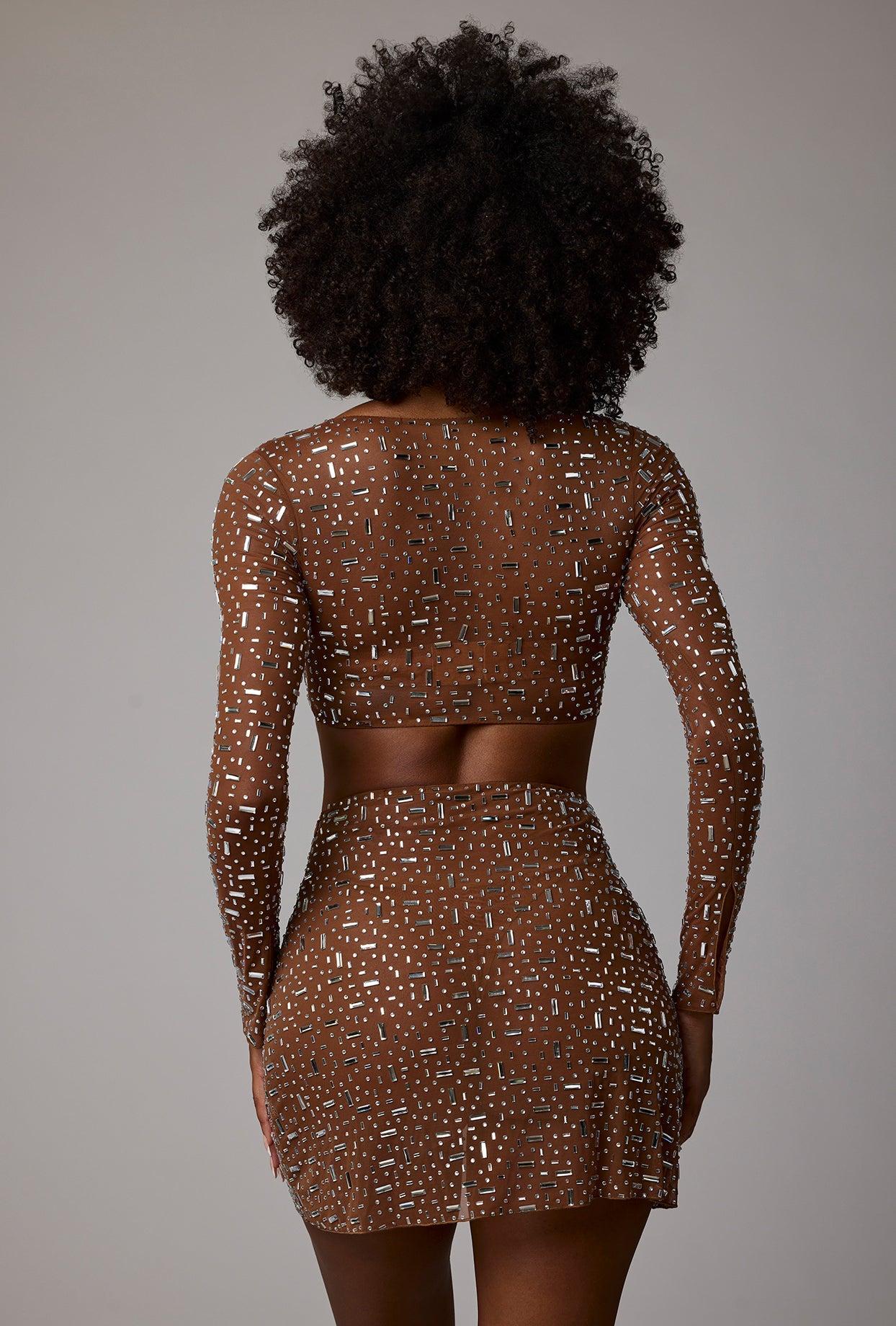 Sheer Embellished V Waist Mini Skirt in Mocha Product Image